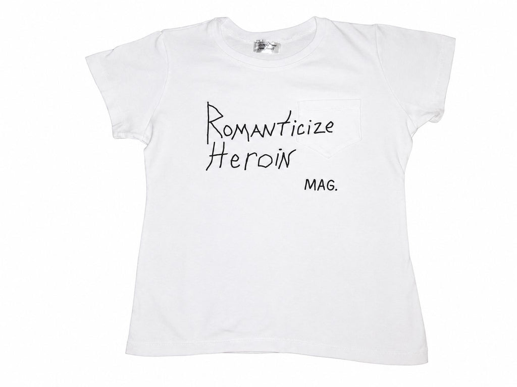 White Romanticize Heroin mag tee
